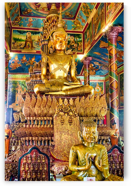 Ornate golden Buddha statue in a richly decorated temple. by Marco Brivio