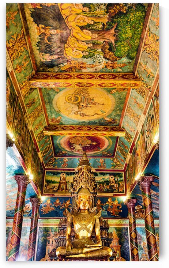 Golden Buddha statue surrounded by vibrant detailed temple mura by Marco Brivio