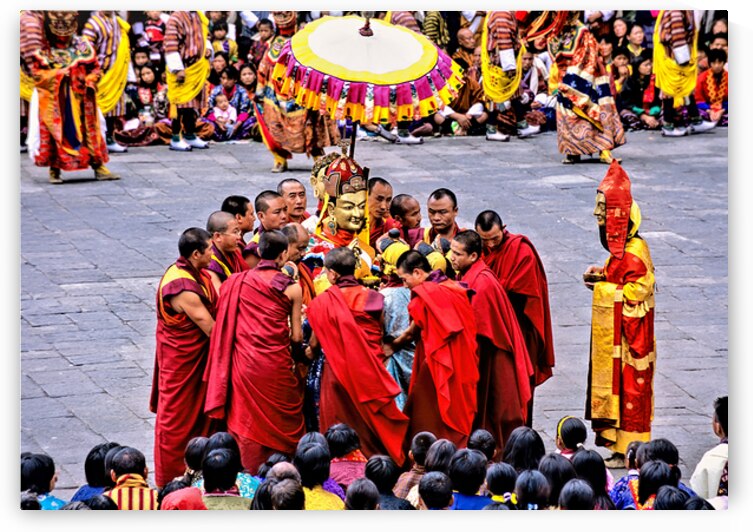 Monks in red robes gathered around a golden statue. by Marco Brivio