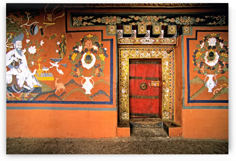 Vibrant wall murals and an ornate red door. by Marco Brivio