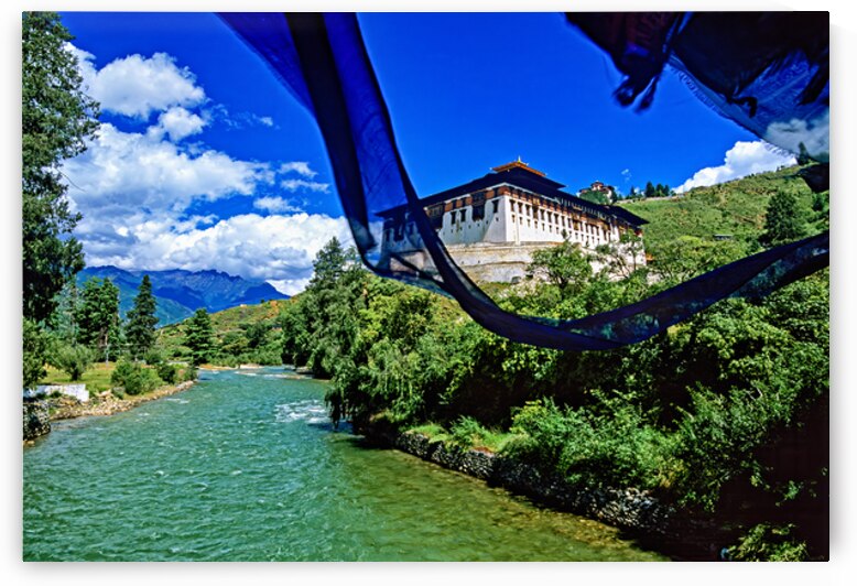 Bhutanese monastery river mountains and prayer flag. by Marco Brivio