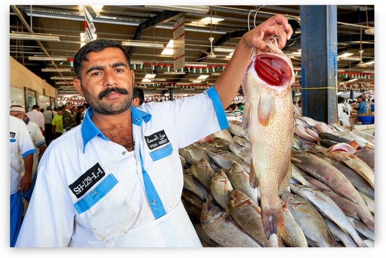 Fishmonger shows fresh catch at market in Dubai during busy day by Marco Brivio