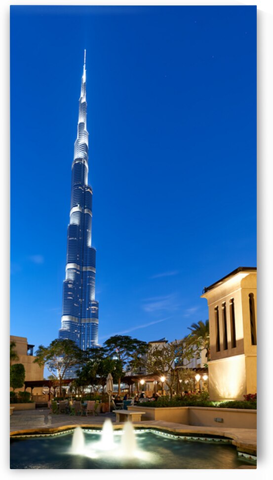 Burj Khalifa shines over fountain and outdoor dining in Dubai by Marco Brivio