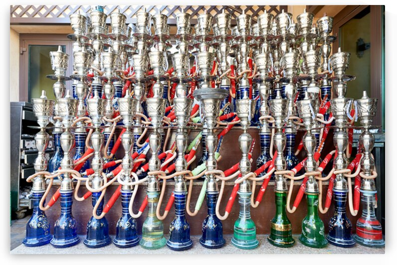 Display of hookahs for sale in Dubai cafe with many options by Marco Brivio