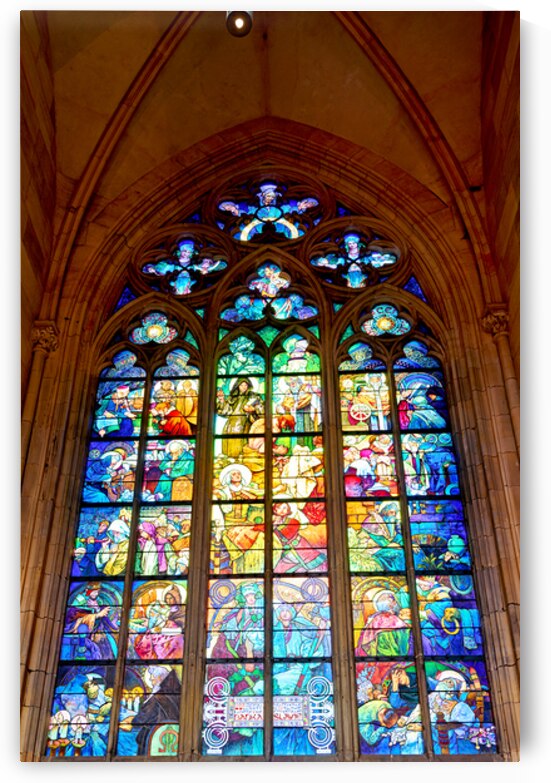 Vibrant stained glass window depicting religious figures and sce by Marco Brivio