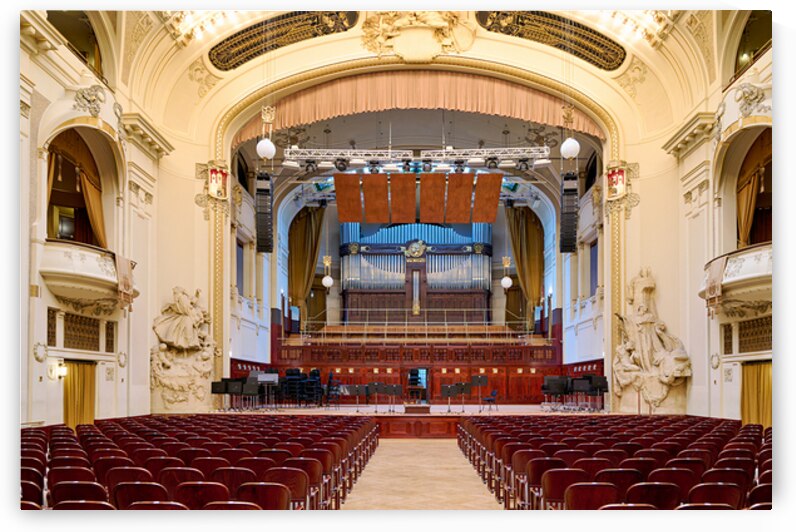 Grand concert hall with organ and empty seats. by Marco Brivio