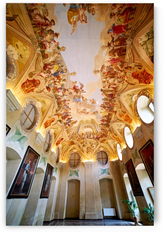 Grand hall with elaborate Baroque ceiling frescoes and wall art. by Marco Brivio