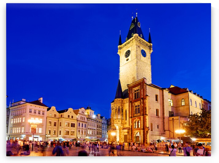 Prague Old Town Square Astronomical Clock bustling at night. by Marco Brivio