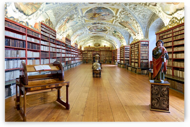 Vast ornate library with countless books painted ceiling and  by Marco Brivio