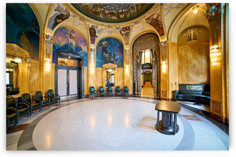 Ornate historic hall with murals arches and elegant seating. by Marco Brivio