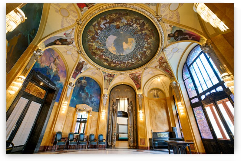 Grand hall with elaborate murals dome and stained glass. by Marco Brivio