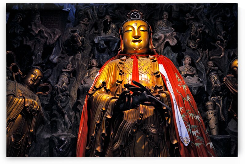 Golden Buddha statue stands tall in Shanghai with dark carvings by Marco Brivio