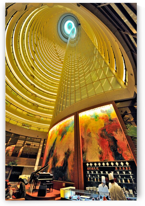 Grand hotel atrium with spiral design and sushi bar in Shanghai by Marco Brivio