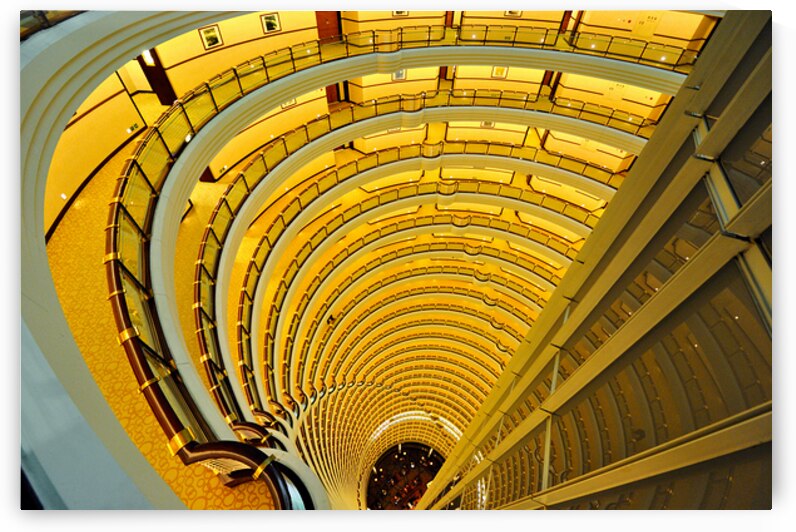 View down a multi story hotel atrium in Shanghai China by Marco Brivio