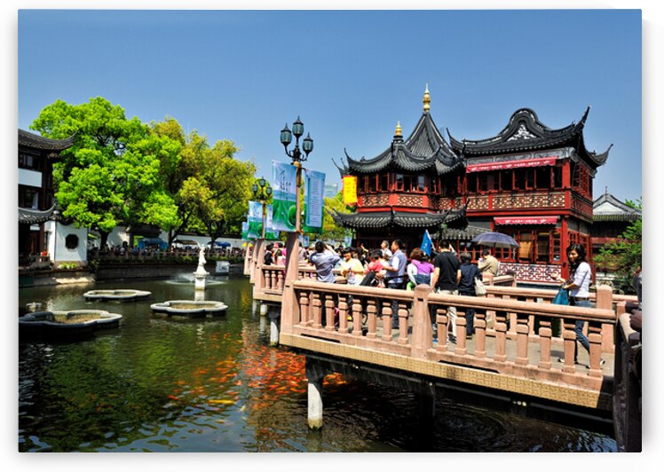 Vibrant Chinese garden with koi pond and visitors in Shanghai by Marco Brivio