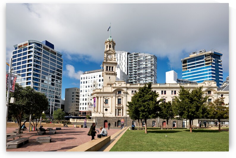 Town hall in Aotea Square surrounded by city buildings in Auckla by Marco Brivio