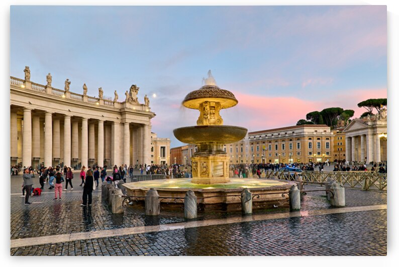Saint Peters Square at dusk with Berninis fountain and people by Marco Brivio