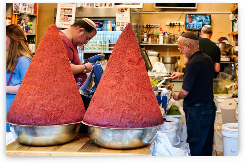 Market scene with spice sellers in Mahane Yehuda Jerusalem by Marco Brivio