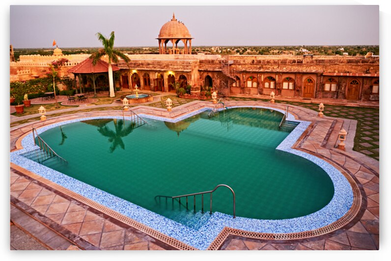 Khimsar Fort pool area in Rajasthan during sunset by Marco Brivio