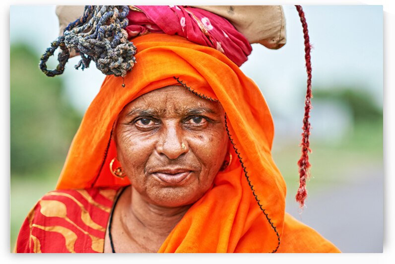 Portrait of an old woman in Rajasthan India wearing bright clot by Marco Brivio