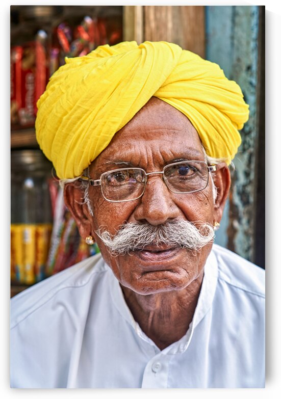 Senior man in yellow turban in Jaisalmer Rajasthan India by Marco Brivio