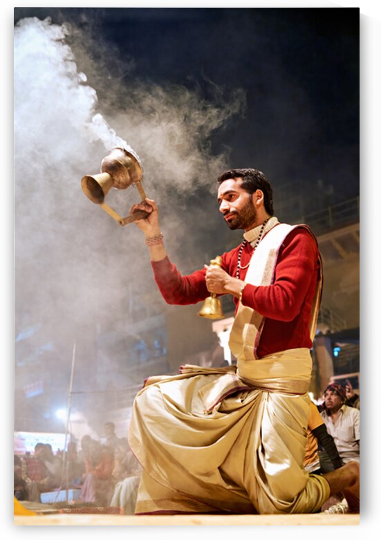 Aarti ceremony at the Ganges river in Varanasi during the evenin by Marco Brivio