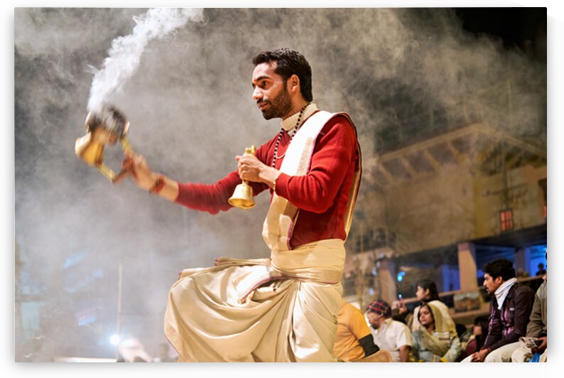 Hindu aarti ceremony in Varanasi during evening rituals by Marco Brivio