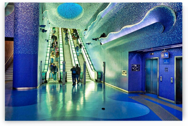 Toledo station of Naples Metro with blue tiles and escalators by Marco Brivio