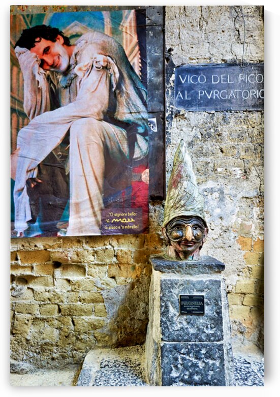 Massimo Troisi painting and Pulcinella statue in Naples Campania by Marco Brivio