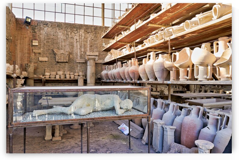 Pompeii site showing artifacts and a plaster cast of a victim by Marco Brivio