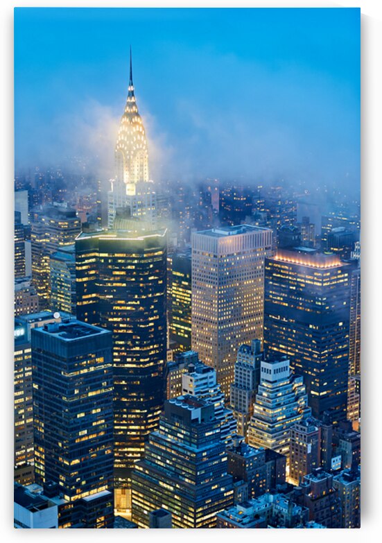 Aerial view of Manhattan skyline at dusk with Chrysler Building by Marco Brivio