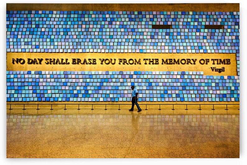 Visitors walk by art display at National September 11 Memorial M by Marco Brivio