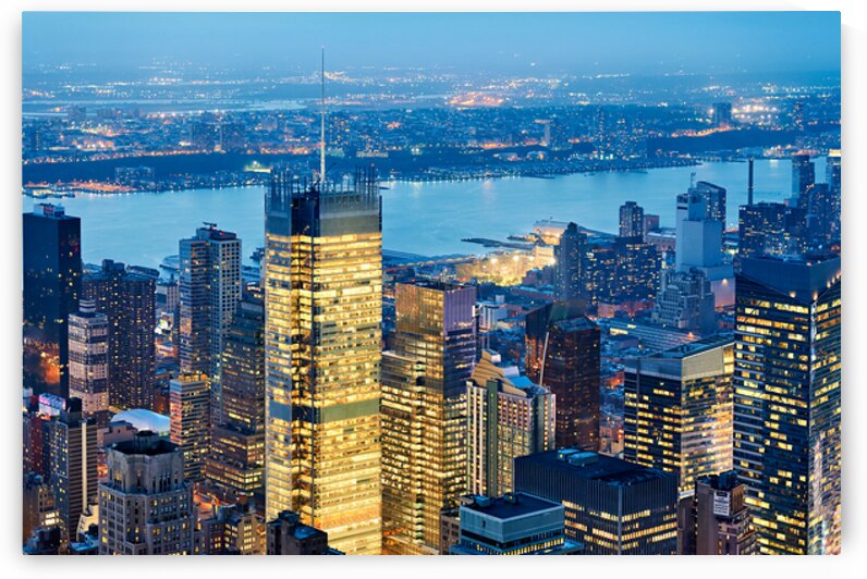 Aerial view of Manhattan skyline at dusk over New York City by Marco Brivio