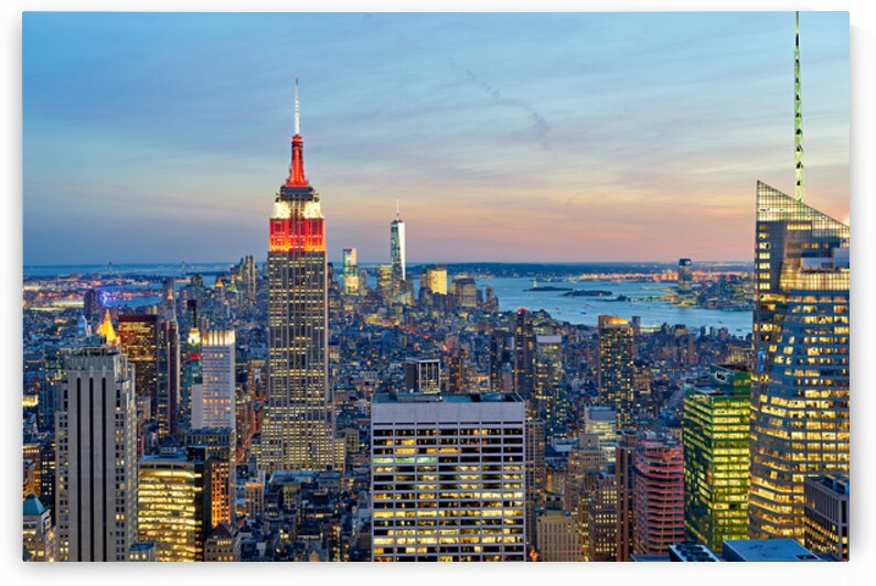 Manhattan aerial view showing Empire State Building at sunset by Marco Brivio