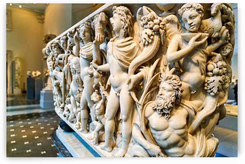 Sarcophagus display in the Greek and Roman Galleries of a museum by Marco Brivio