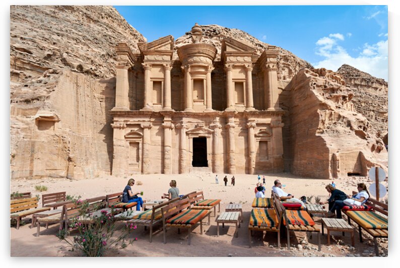 Tourists enjoy tea in front of the Monastery at Petra in Jordan by Marco Brivio