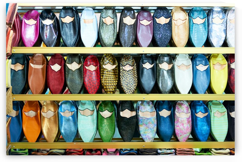 Traditional moroccan slippers displayed in marrakesh shop by Marco Brivio
