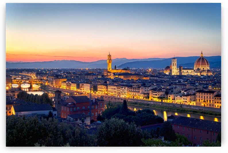 High view of Florence at dusk with city lights and landmarks by Marco Brivio