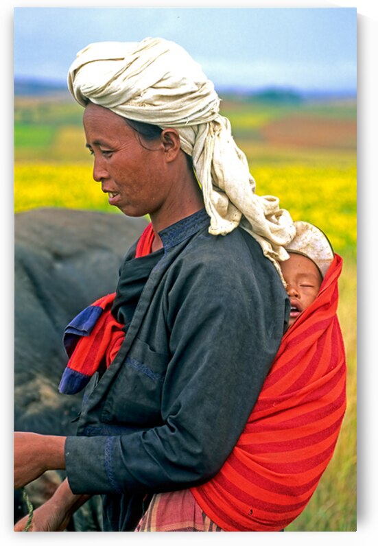 Woman carries son on her back in Myanmar fields by Marco Brivio