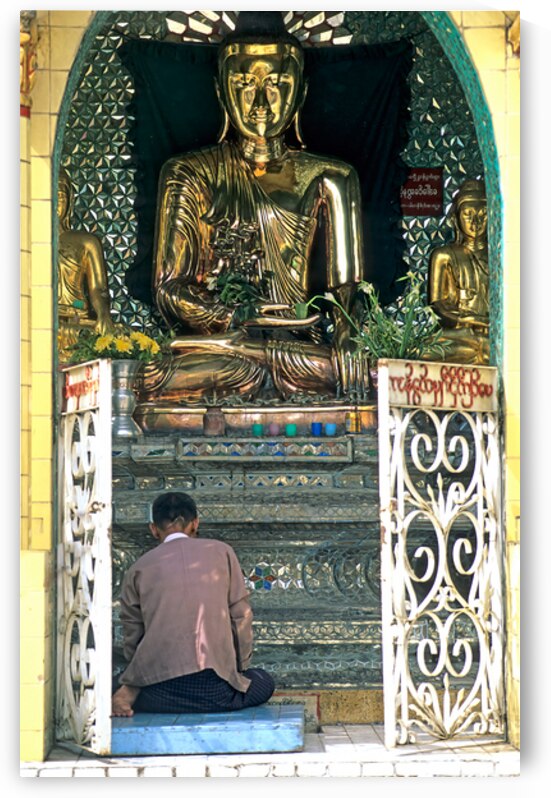 Man prays before a golden Buddha statue in Myanmar chapel by Marco Brivio