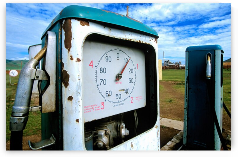 Vintage petrol station in Mongolia with old gas pumps by Marco Brivio