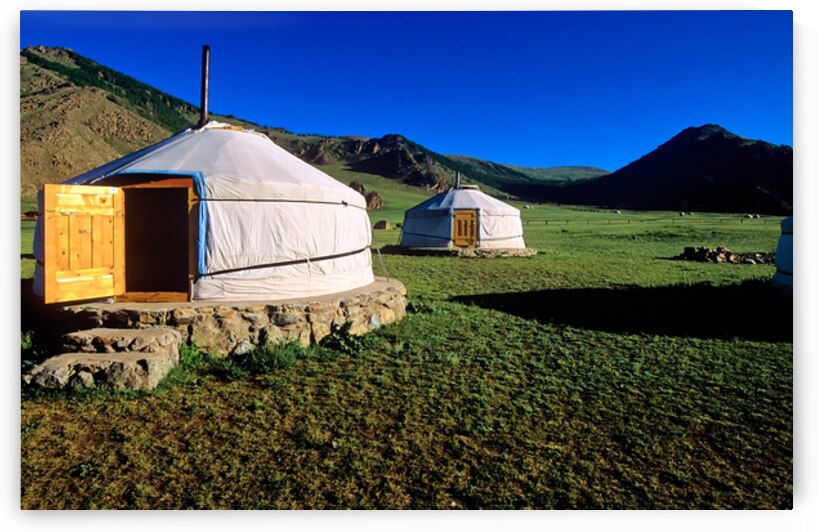 Ger tents in Mongolias landscape under bright sunlight by Marco Brivio