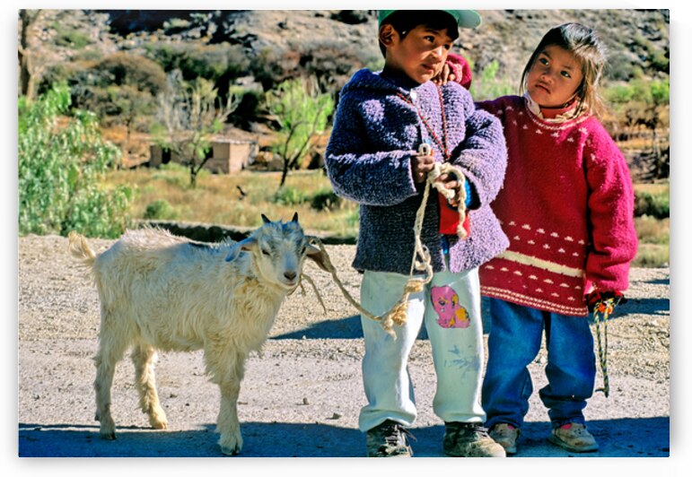 Children with a goat in a village in the Andes Mountains of Arge by Marco Brivio