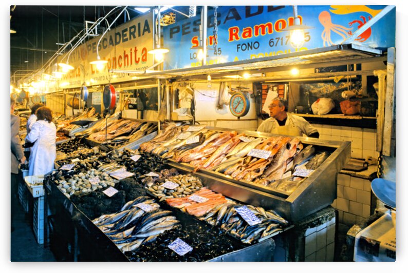 Bustling fish market with fresh seafood and vendors. by Marco Brivio