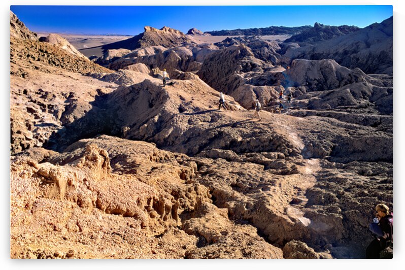 Hikers traverse a vast arid rocky desert landscape. by Marco Brivio