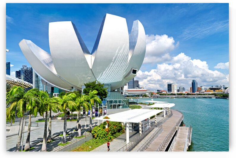 Visitors enjoy view of ArtScience Museum in Singapore near water by Marco Brivio