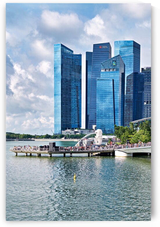 People walk near bridge in Singapore financial district with bui by Marco Brivio