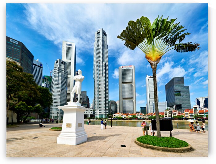 Visitors gather at Raffles landing site with city skyline in Sin by Marco Brivio