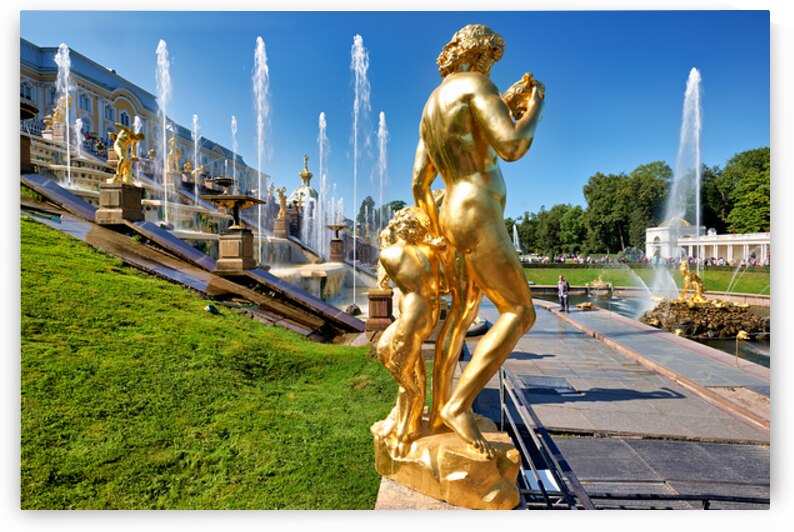 Golden statues at Peterhof Palace in St. Petersburg Russia by Marco Brivio