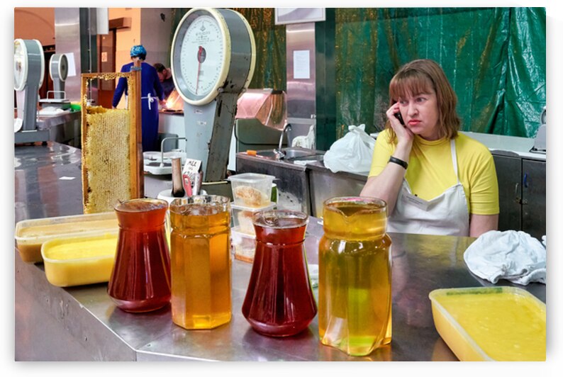 Market scene in Saint Petersburg with honey and vendor by Marco Brivio